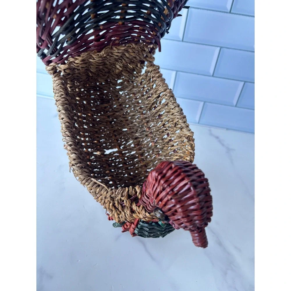 Vintage Woven Wicker Turkey Basket Thanksgiving Decor Centerpiece Multicolored